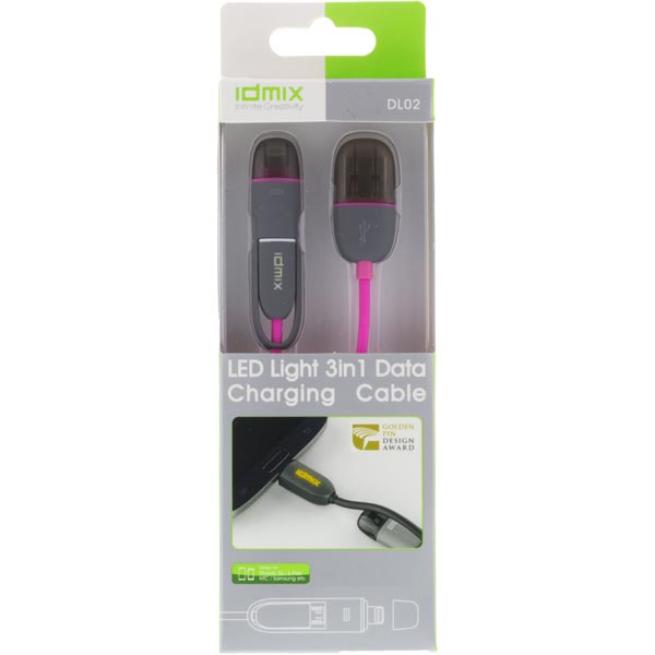 Idmix 3in1 Cable, USB 2.0 A - Micro-B / Lightning, 1m, Pink